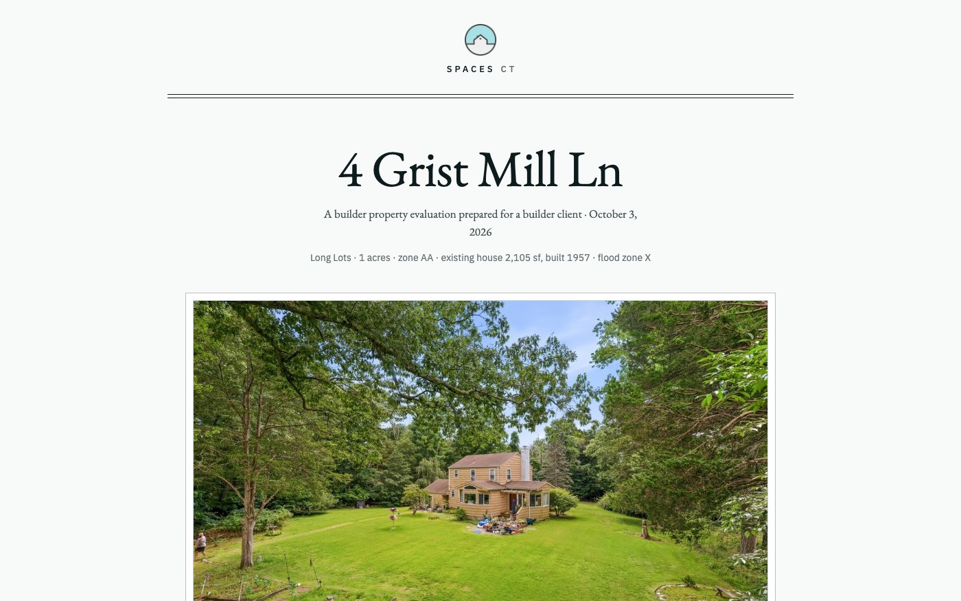The cover of a Builder Property Evaluation for 4 Grist Mill Ln: the firm's mark, the title, the lot and zone line, and the listing photograph.
