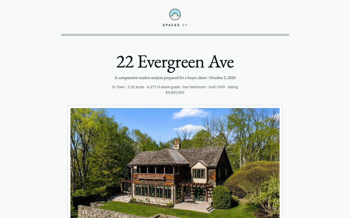 The cover of a buyer's CMA for 22 Evergreen Ave: the firm's mark, the title, prepared for a buyer client, the asking price and the listing photograph.