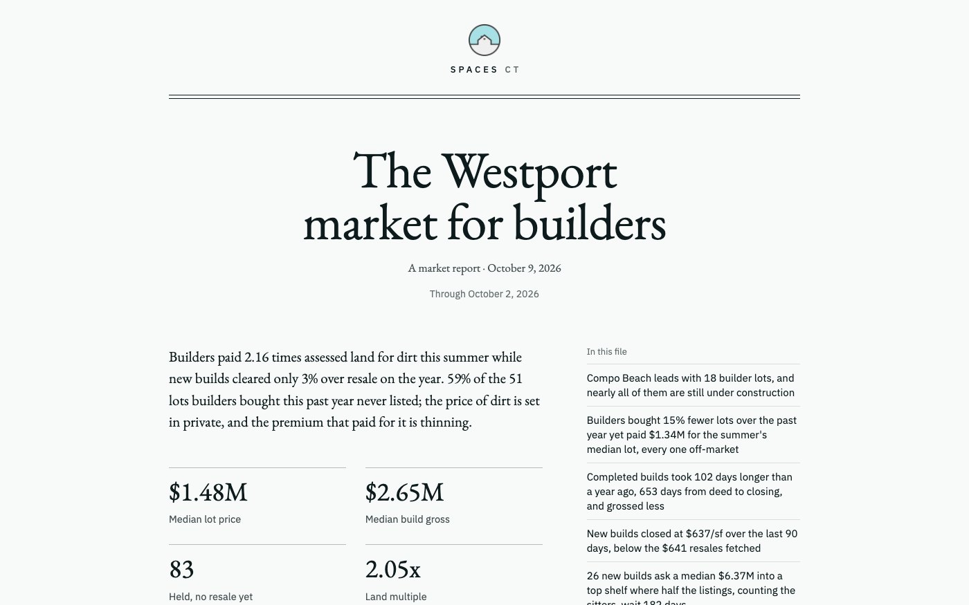 The cover of the Westport market report for builders: the firm's mark, the title, the week's finding and four headline numbers.