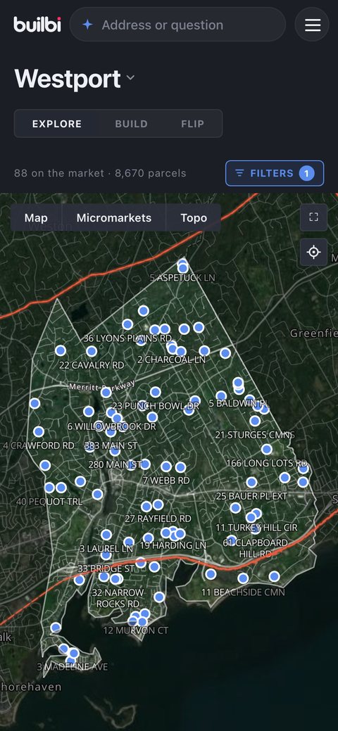 Builbi on a phone: the Westport Explore map with the pin-my-location control at the top right of the map.