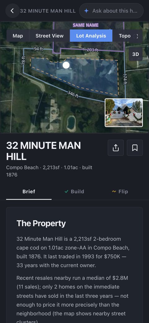 The property page for 32 Minute Man Hill on the phone: the lot analysis on the aerial, the house photo and the Brief.