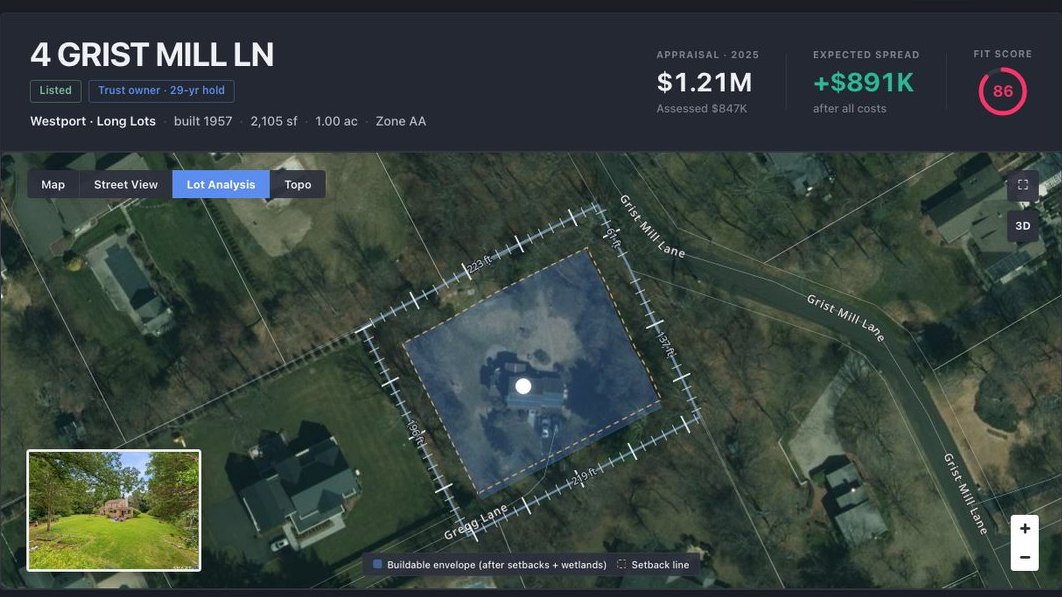 4 Grist Mill Ln: the property header with its appraisal, expected spread and fit score over the lot map with the buildable envelope drawn.