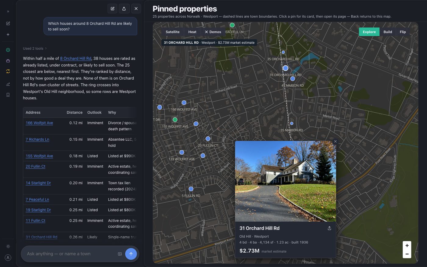 The first pin clicked: its property card open on the map