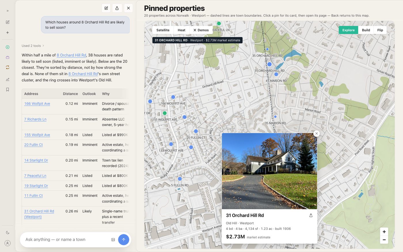The first pin clicked: its property card open on the map