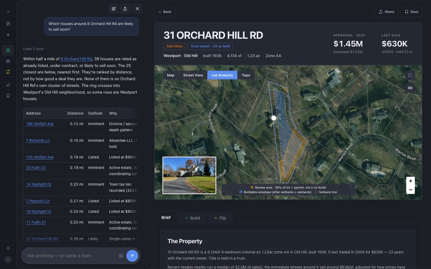 The card clicked: its property page open beside the chat panel