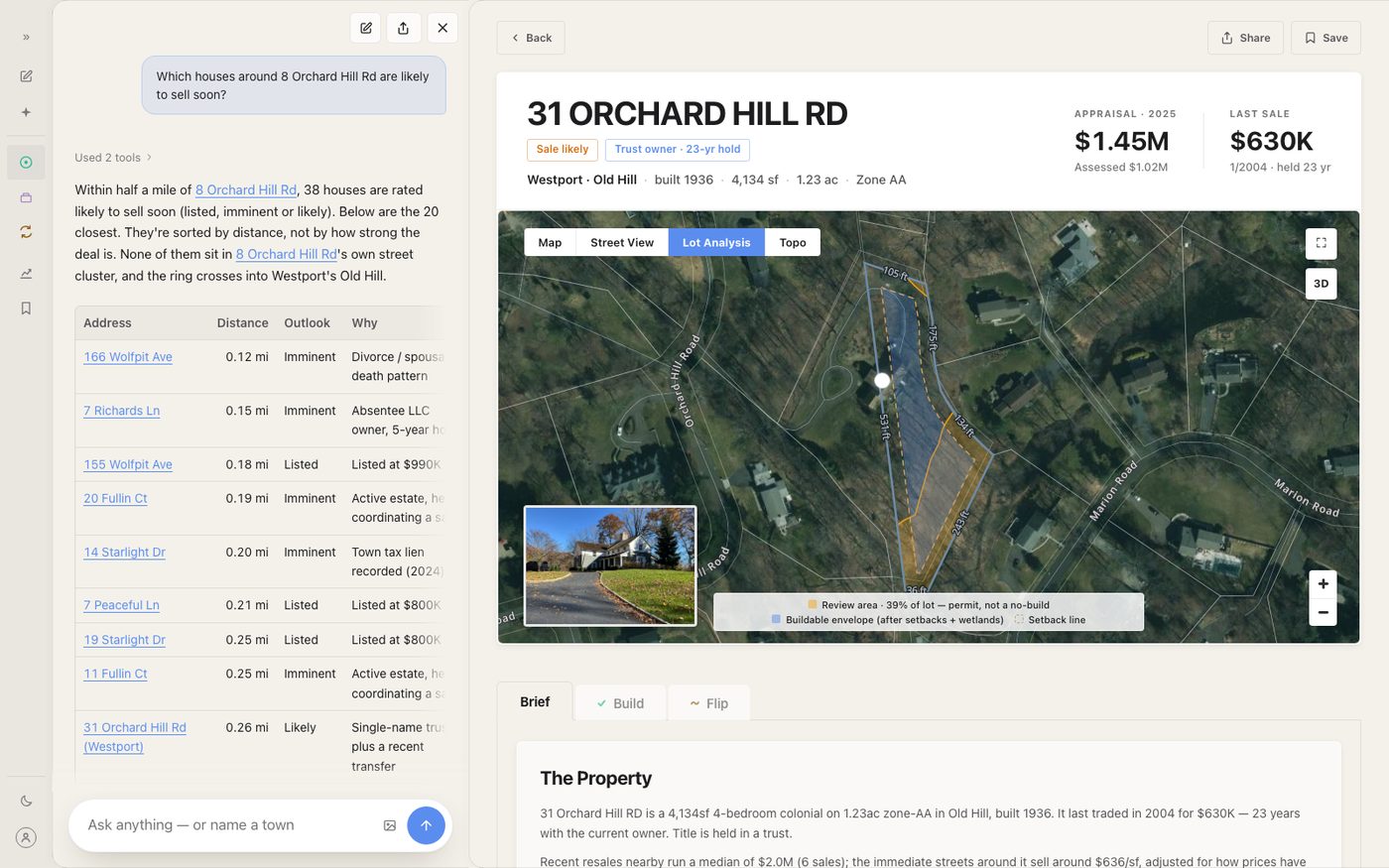 The card clicked: its property page open beside the chat panel