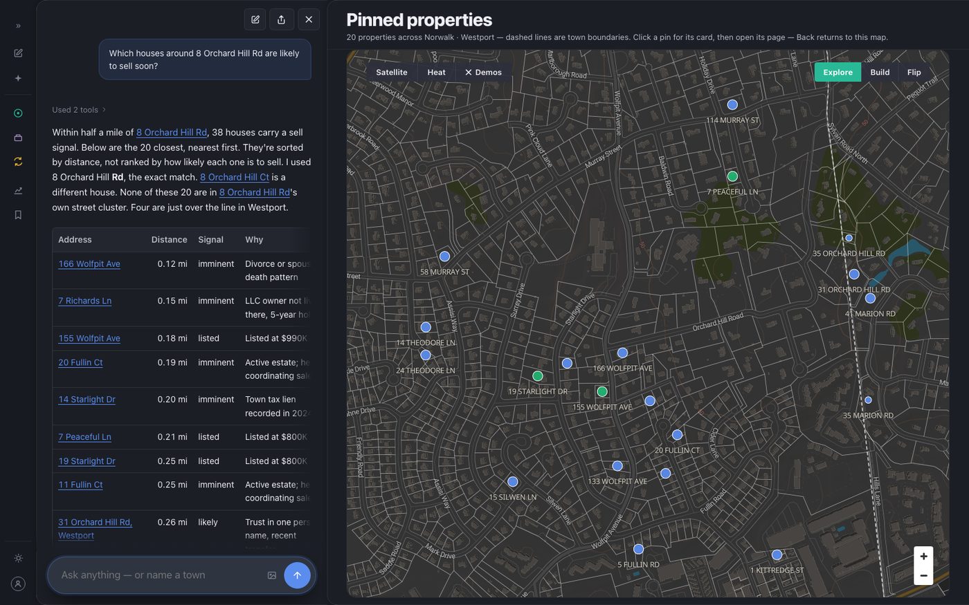 Agent answer: the houses around 8 Orchard Hill Rd likely to sell, nearest first with the signal behind each, pinned on a map beside the chat