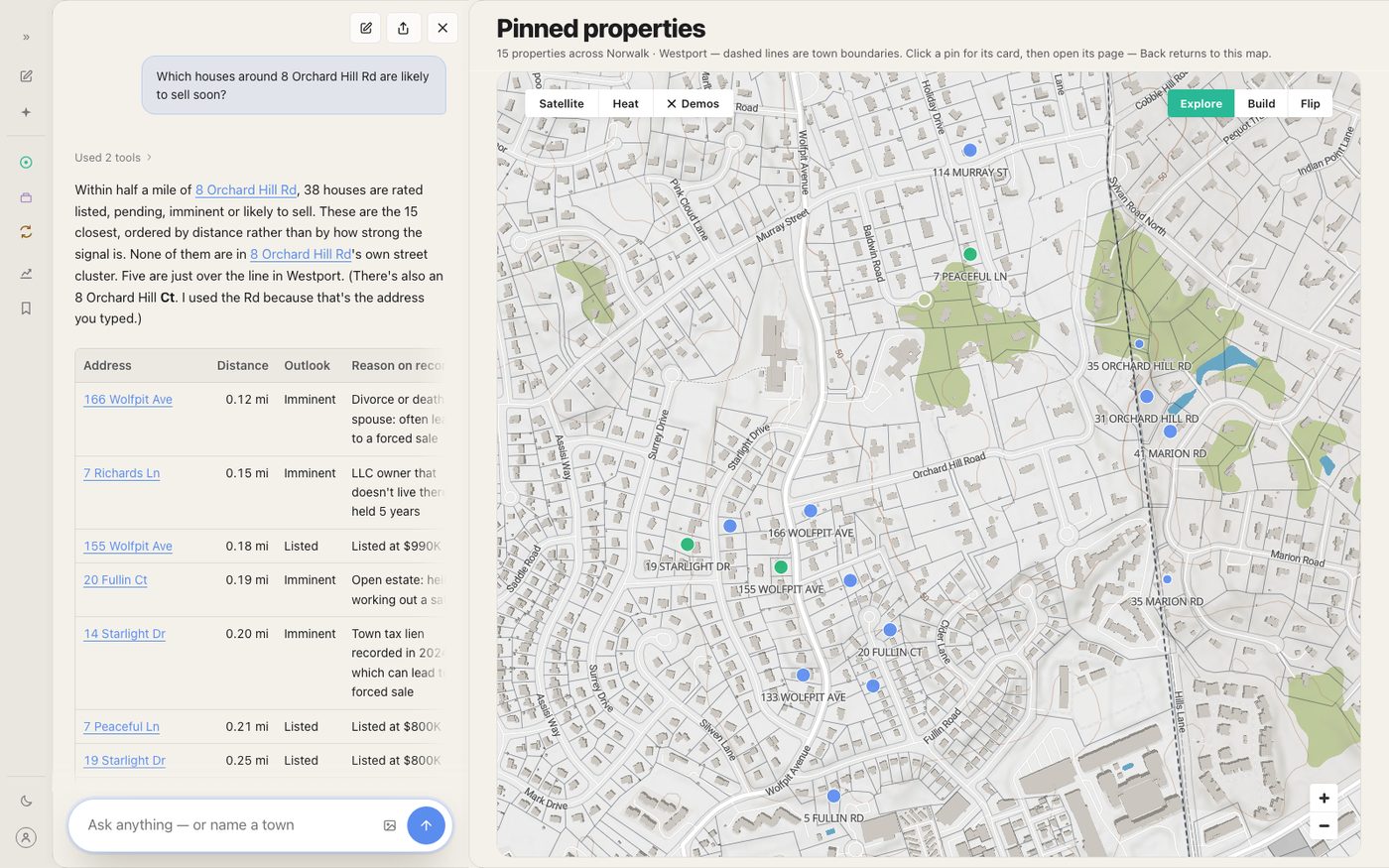 Agent answer: the houses around 8 Orchard Hill Rd likely to sell, nearest first with the signal behind each, pinned on a map beside the chat