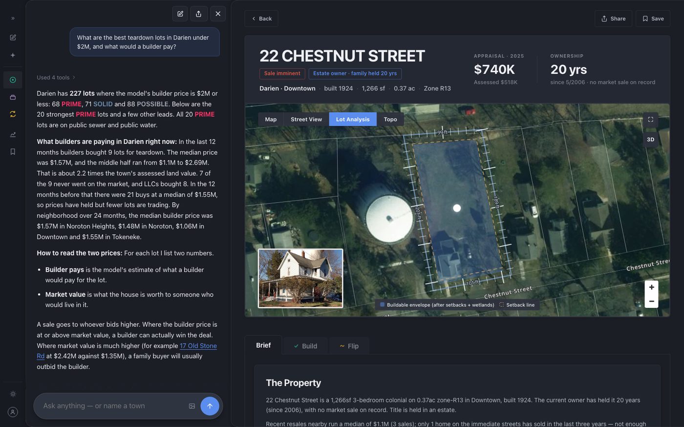 The first result opened: its property page beside the chat panel