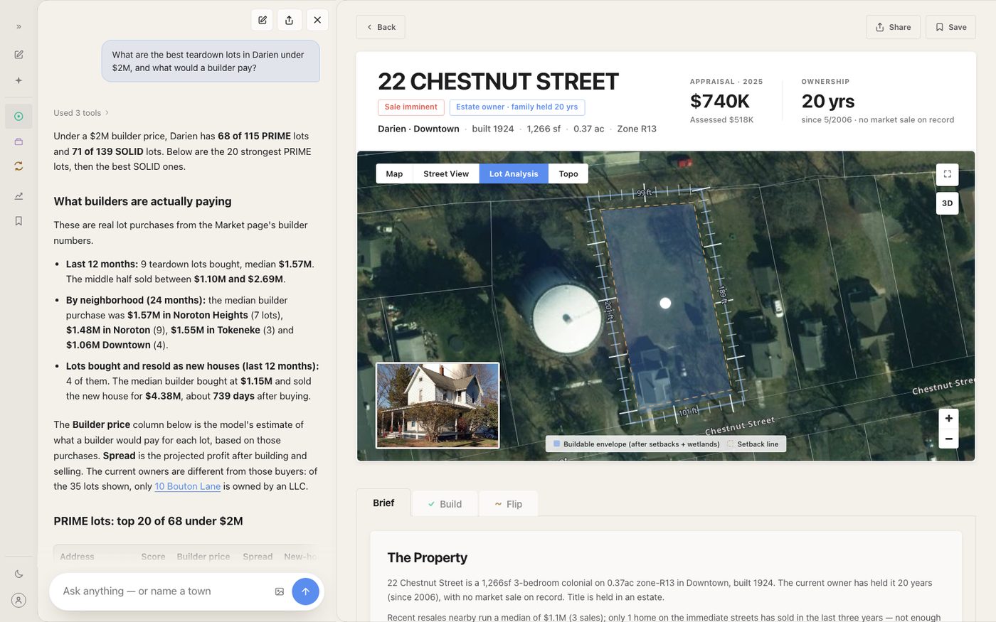 The first result opened: its property page beside the chat panel
