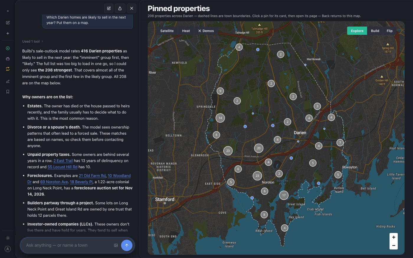 Builbi's answer to which Darien homes are likely to sell in the next year: 208 properties pinned across the town on the map, clustered by street, beside the answer that says why each kind of owner is on the list.