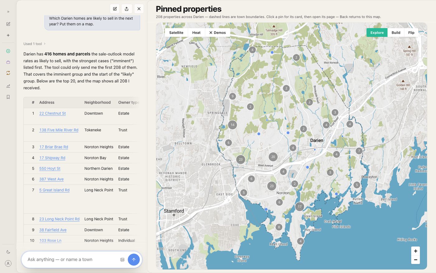 Builbi's answer to which Darien homes are likely to sell in the next year: 208 properties pinned across the town on the map, clustered by street, beside the answer that says why each kind of owner is on the list.