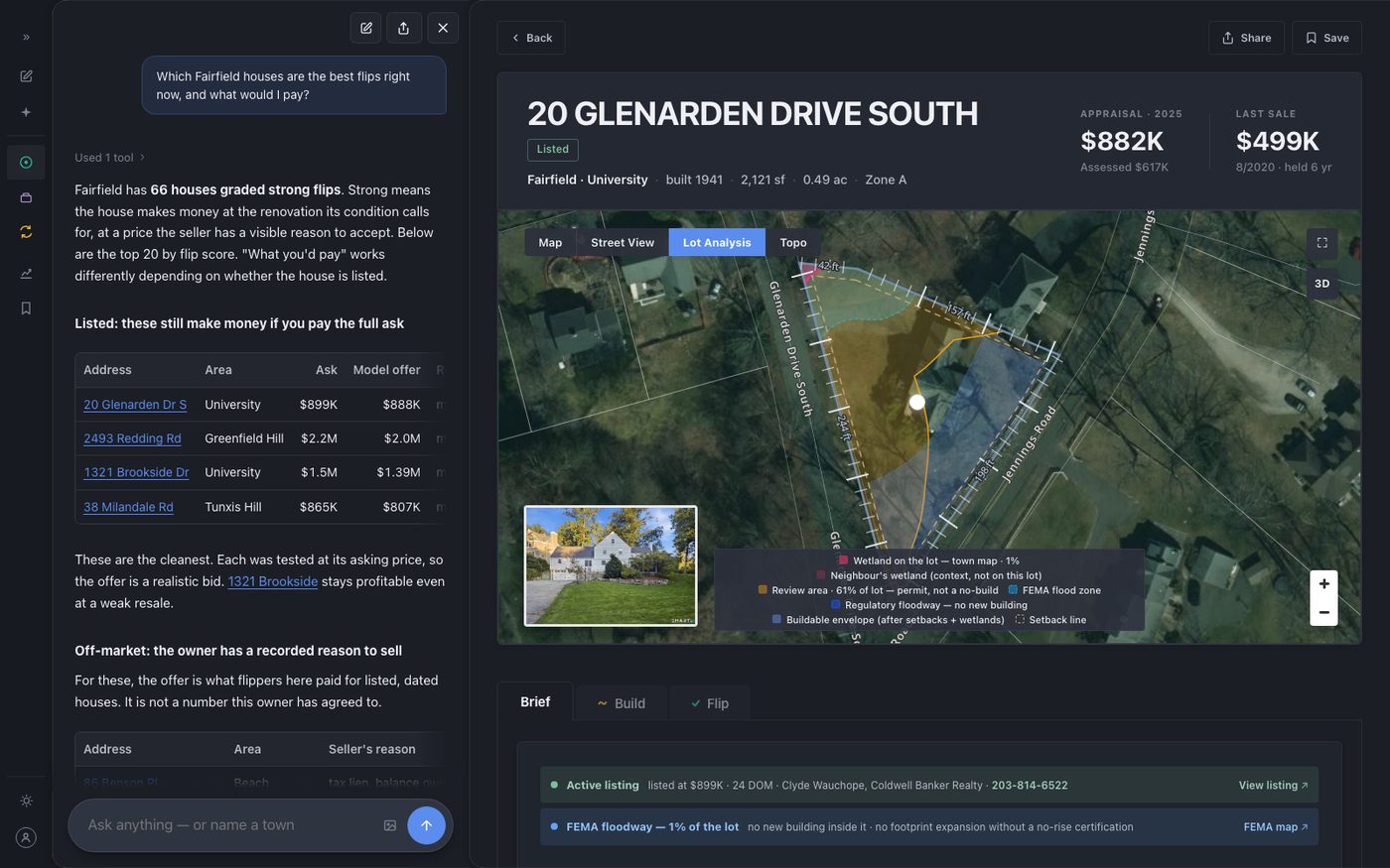 The first result opened: its property page beside the chat panel