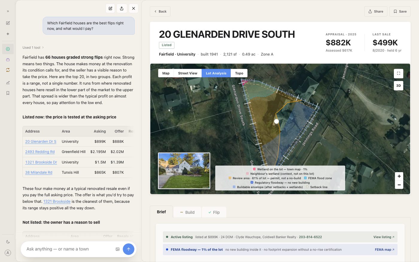 The first result opened: its property page beside the chat panel