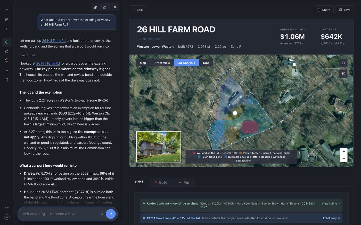 Agent answer on 26 Hill Farm Rd: the exemption test on the lot's acreage, the driveway read from the LiDAR footprint, and each approval with its section, the lot map open beside it