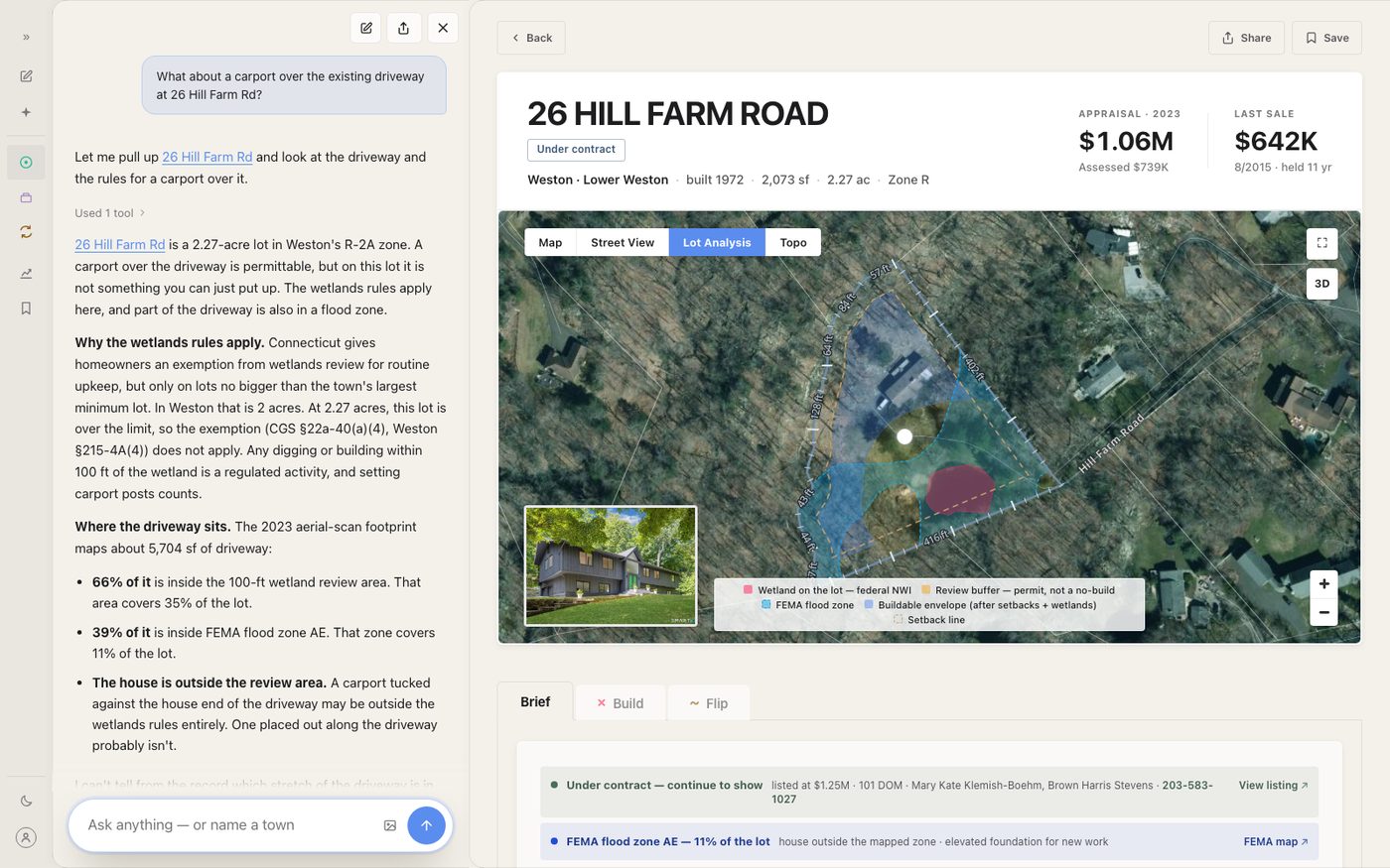 Agent answer on 26 Hill Farm Rd: the exemption test on the lot's acreage, the driveway read from the LiDAR footprint, and each approval with its section, the lot map open beside it